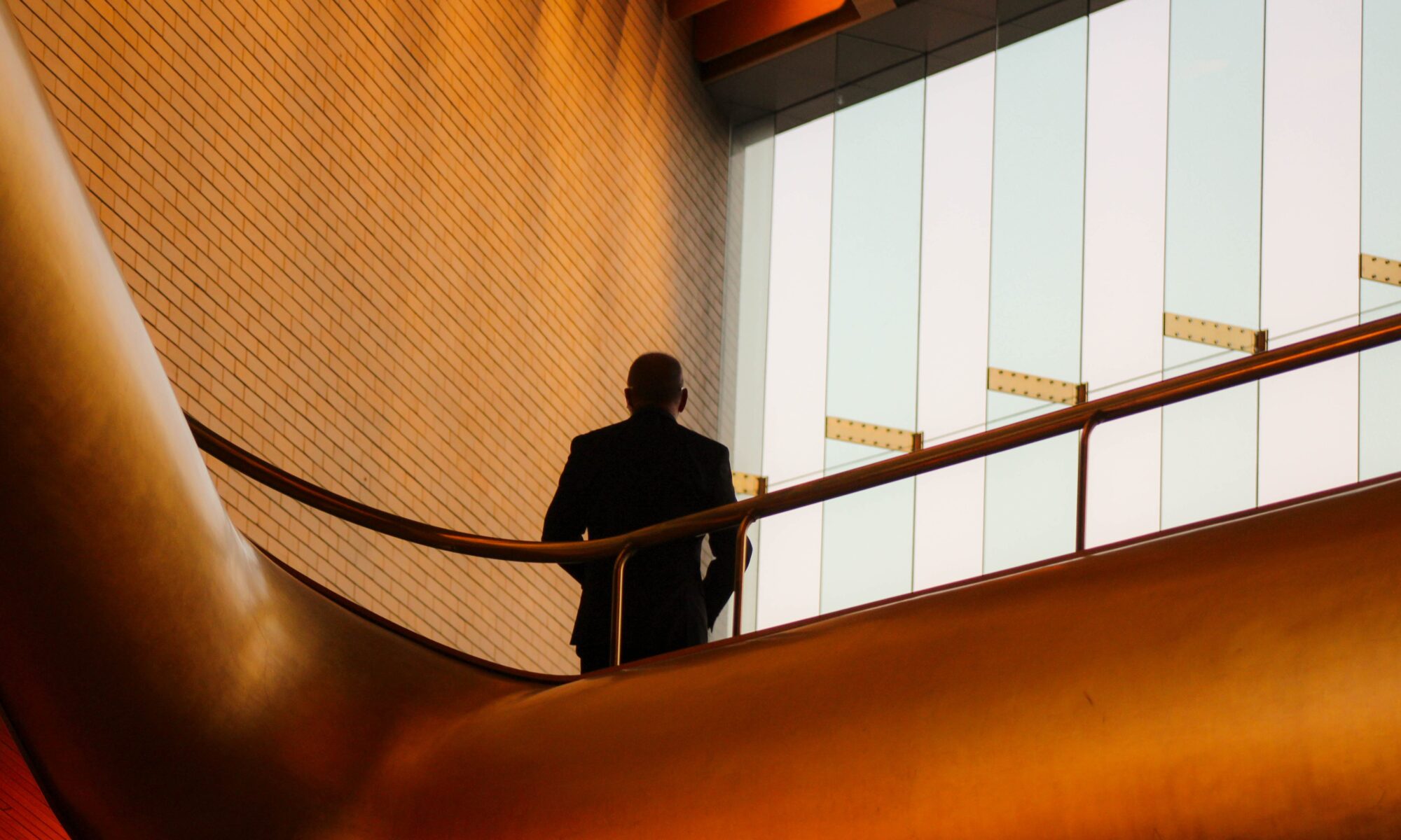 Man in suit stands under a large roof